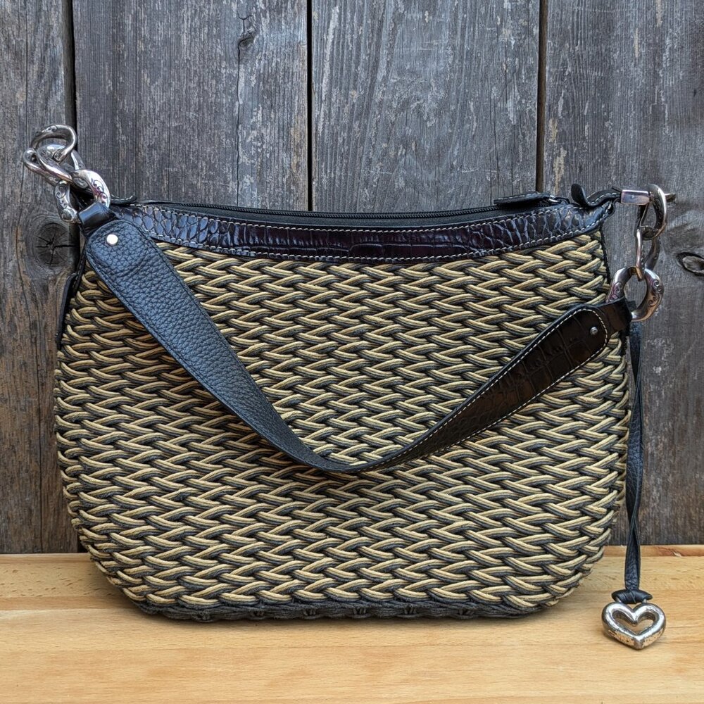 Brighton Handbag Edna Woven Straw Purse Medium Beige Leather Strap